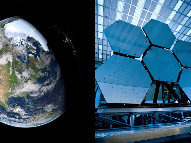 view of earth from space + high tech factory