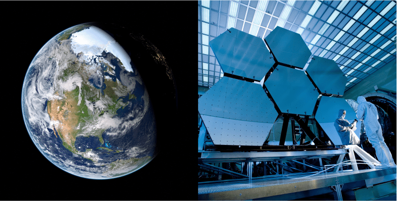view of earth from space + high tech factory